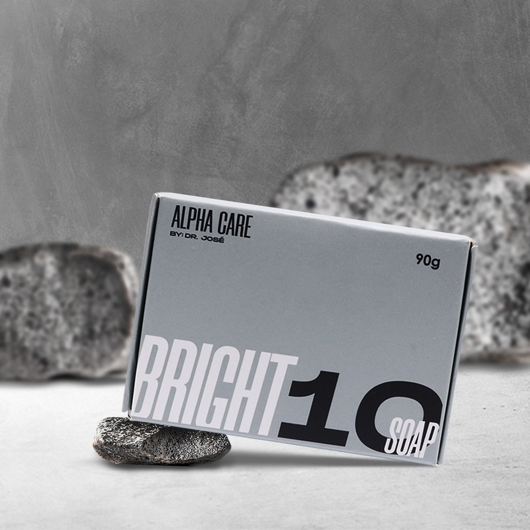 Bright10 whitening soap box by Alpha Care on a stone backdrop
