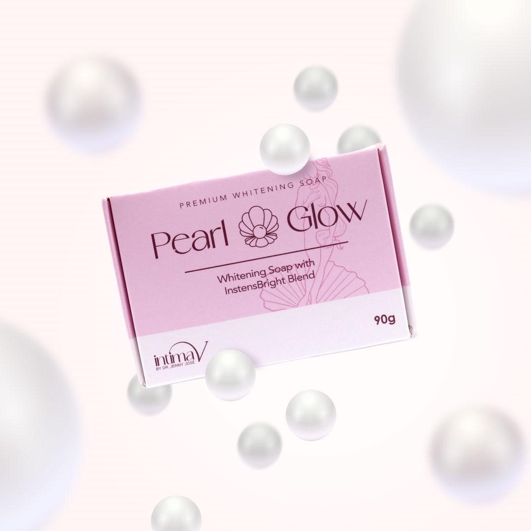 Pearl Glow whitening soap pink box surrounded by pearls
