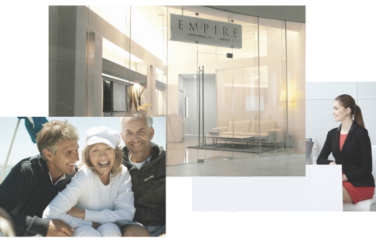 Empire Centre entrance, a smiling group of patients and a receptionist